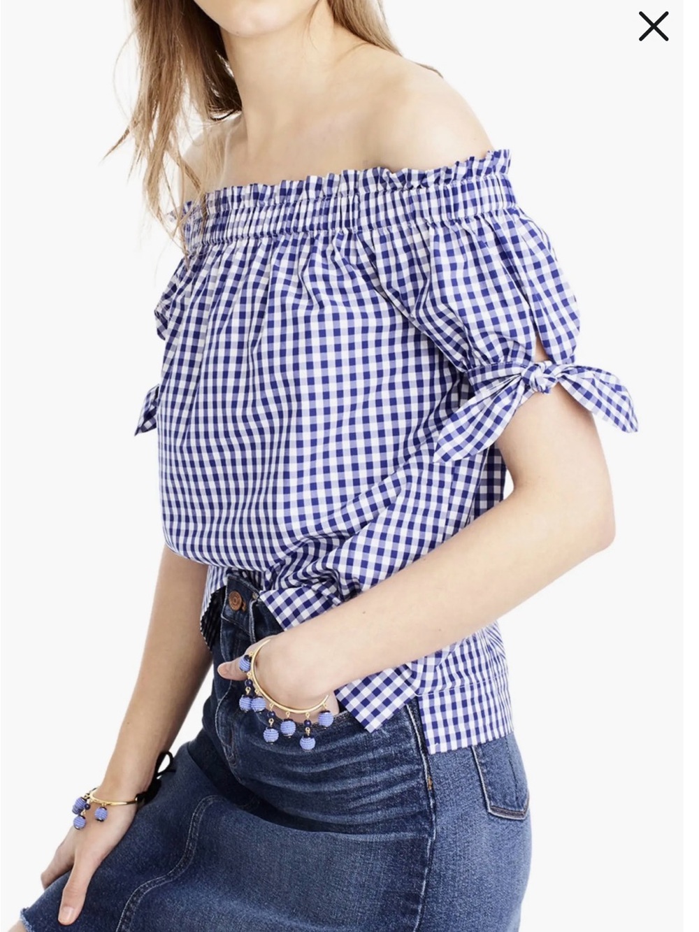 J. Crew Blue Gingham Off-Shoulder Tie-Sleeve Top Size: 6